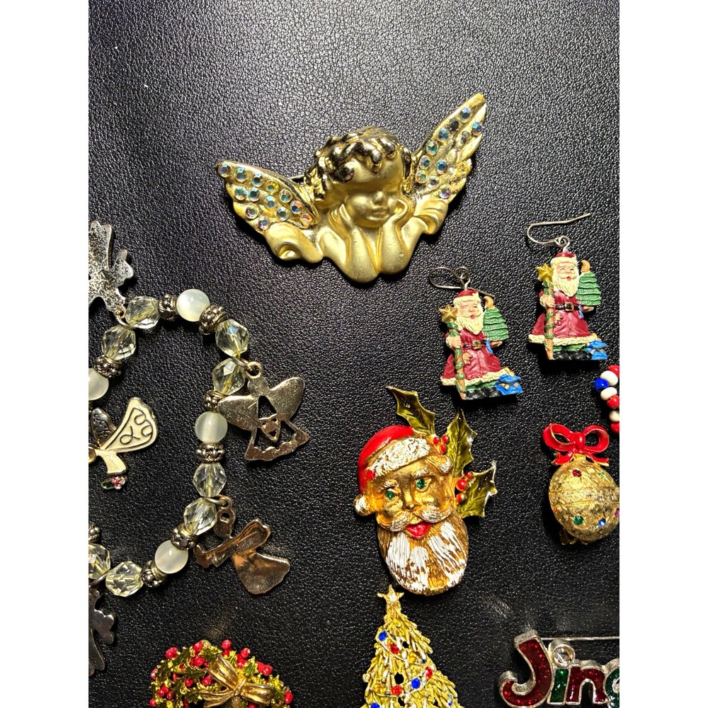 Vintage Christmas Jewelry Mixed Lot 10pc Santa Angel Wreath Pins Earrings Brooch
